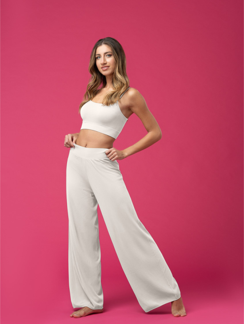 Női bordázott palazzo nadrág, bő szárú - Elefántcsontszínű