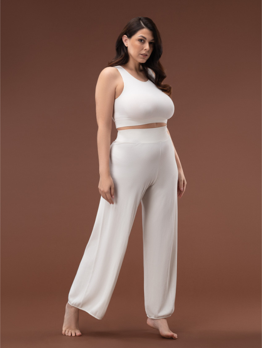 Női bordázott palazzo nadrág, bő szárú - Elefántcsontszínű