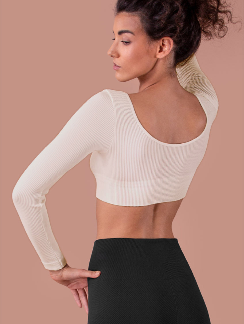 Női bordázott top, hosszú ujjú - Elefántcsontszínű