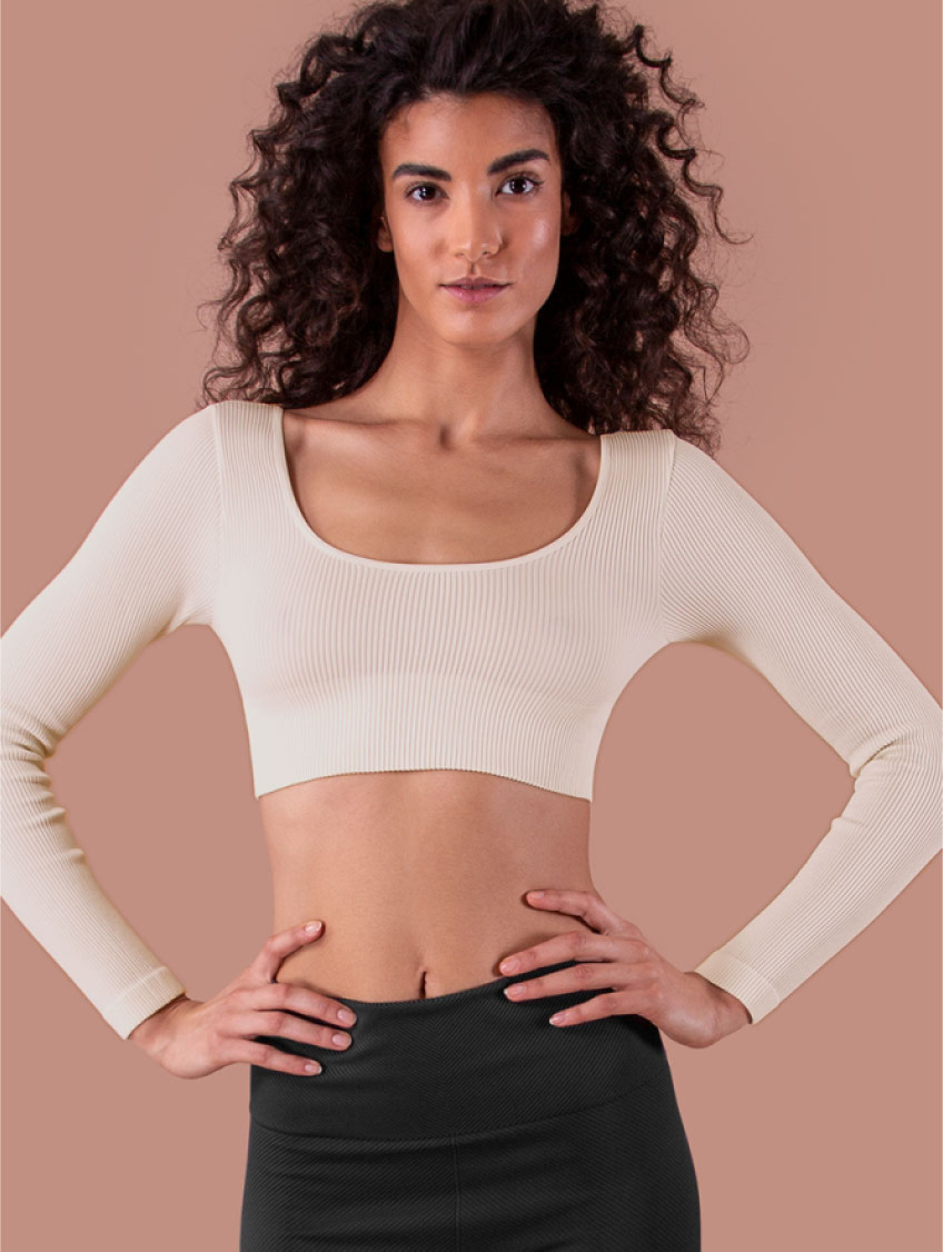 Női bordázott top, hosszú ujjú - Elefántcsontszínű