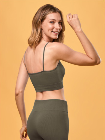 Női bordázott top, spagetti pántos  - Olíva